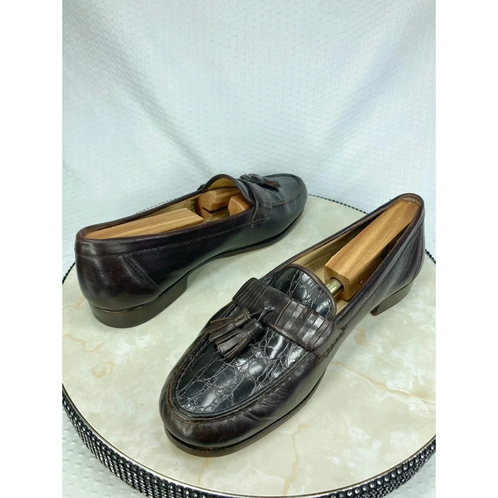 Bostonian Italian Leather Tassel Kiltie Loafers Mens 9 Brown Croc Embossed Shoes